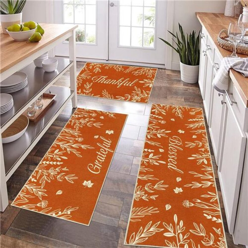 Fall Kitchen Rug Sets of 3, Pumpkin Truck Floor Mats, Farmhouse Non Skid